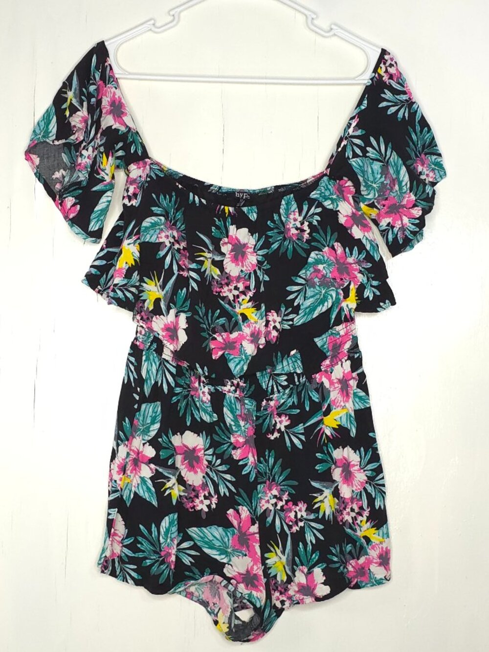 Hype Off-the-Shoulder Black Tropical Romper Women's M Goth Vacation Playsuit